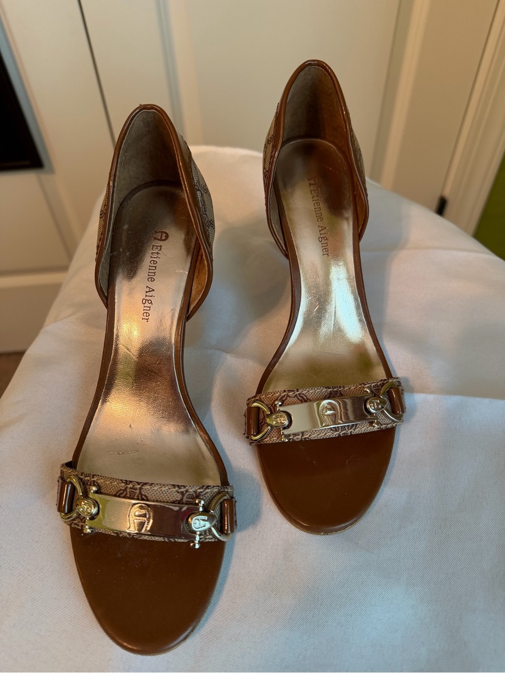 Etienne Aigner Brown Leather D'Orsay 3” Heels with Silver Accents